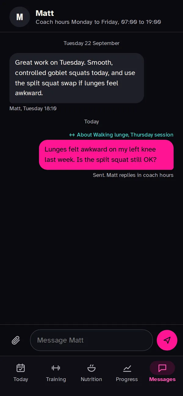 Messages with Matt, with a question asked about a walking lunge in Thursday's session